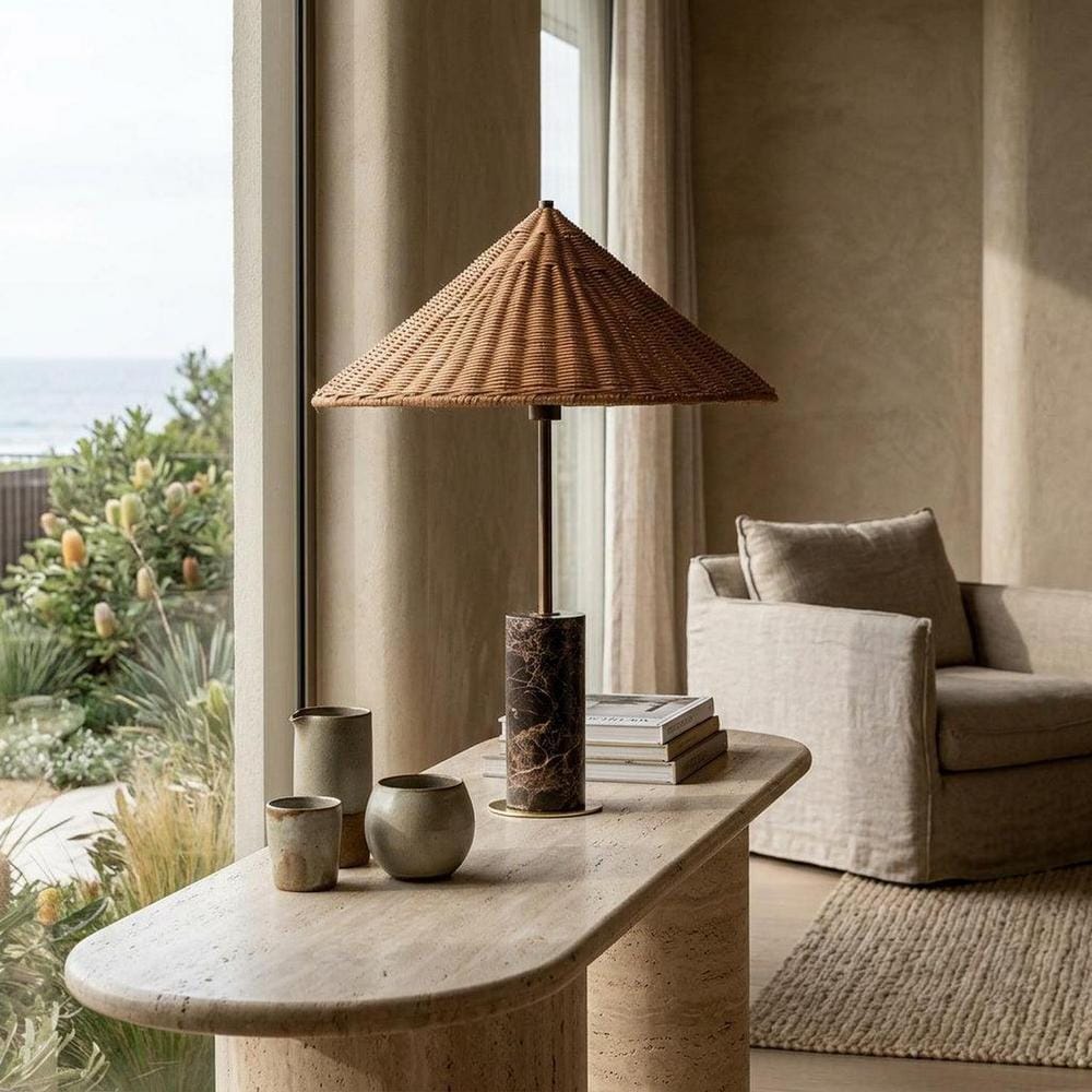 Table Lamps Hikari Marble Table Lamp with Rattan Shade