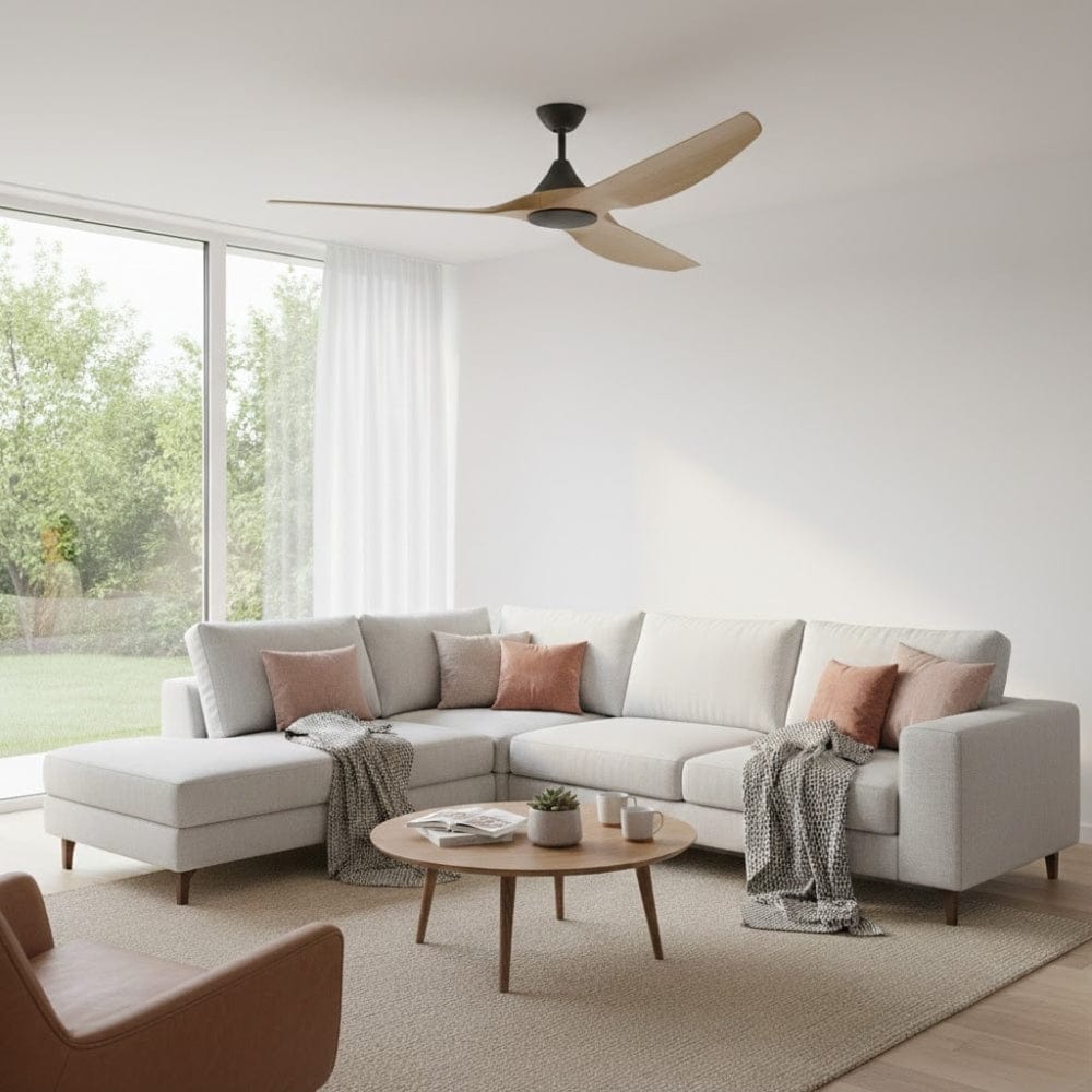 Without Light ClouldFan Smart DC Ceiling Fan Black with Teak Blades - No Light