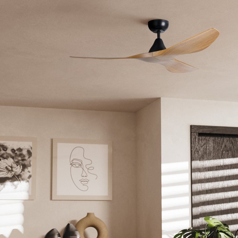 Without Light Surf Ceiling Fan Matte Black with Burmese Teak