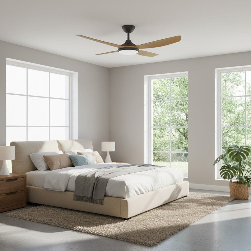 With Light Vanga DC Ceiling Fan Black with Teak Blades - With Light