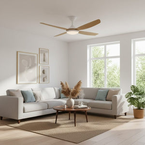 With Light Vanga DC Ceiling Fan White with Teak Blades - With Light